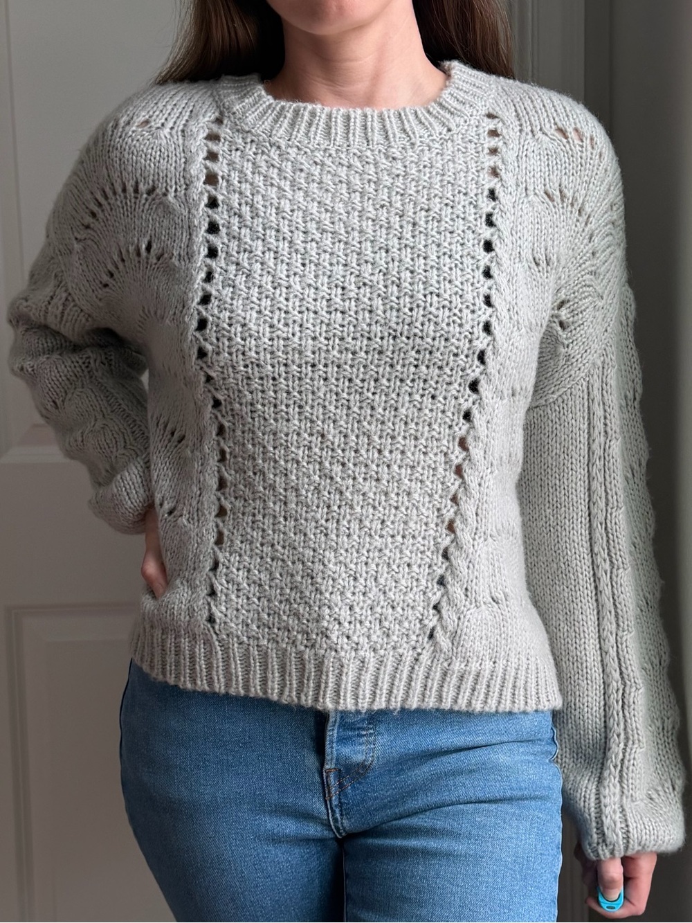 O&O Light Gray Crewneck Crochet Sweater